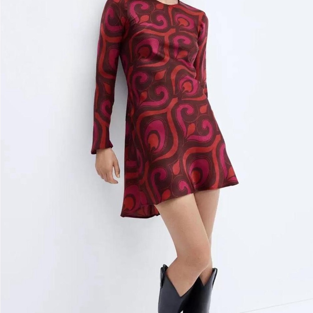 Mango Long Sleeve Mini Dress in Burgundy and Pink Swirl Print